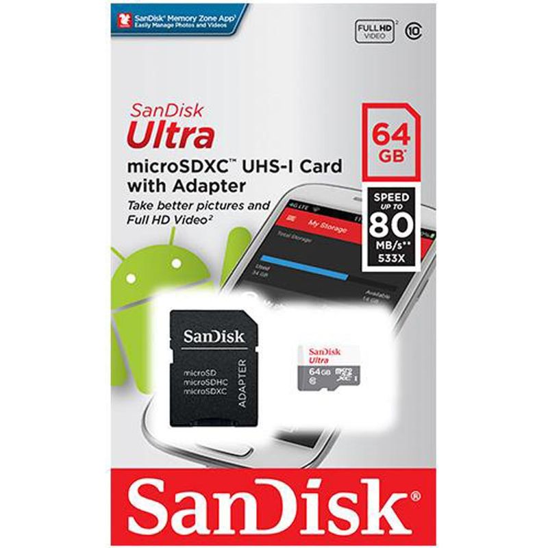 Tarjeta De Memoria Micro-Sd 64Gb Sandisk Ultra Xc Clase 10 /Adaptador Sd Tarjetas de Memoria
