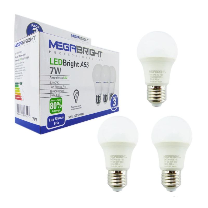 Amp.-Led-Megabright-A55-Clasica-7W-6400K-E-27-Pack-X-3-Ampolletas