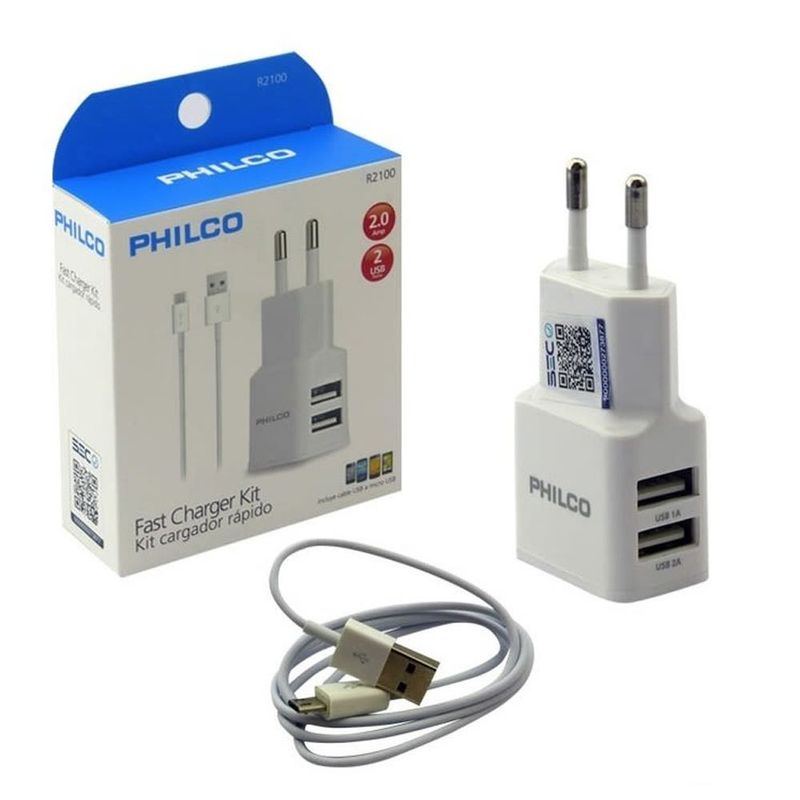 CARGADOR USB CELULAR MICRO USB 2.1A PHILCO BLANCO