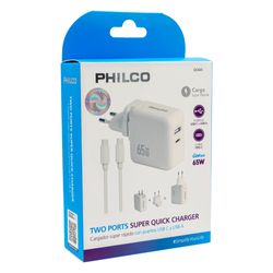 PHILCO CARGADOR GAN SUPER RAPIDO 65W 3.0 + CABLE USB-C/USB-C SMARTPHONE/NOTEBOOK