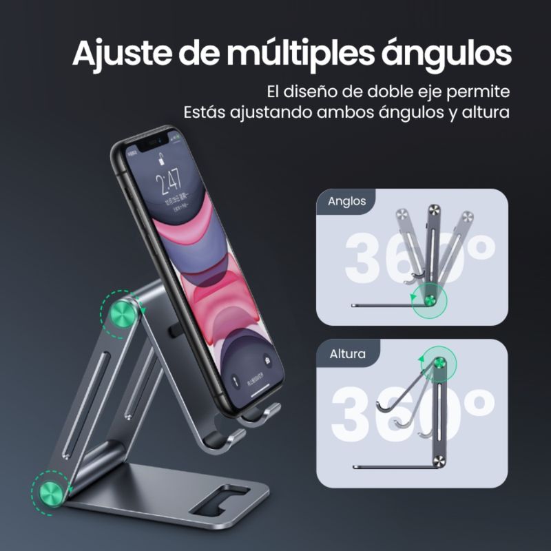 Base-De-Escritorio-Para-Celular-Doble-Inclinacion-Ajustable-Aluminio-Silver-Ugreen-Lp263-Soportes-y-Aros-de-Luz