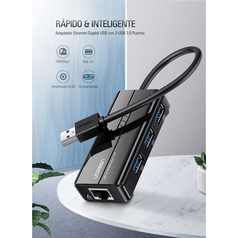 Hub-Usb-A-3.0---3Usb-A-3.0---Rj45-Gigabit-Negro-Ugreen-20265-Cables-Adaptadores-y-Hub