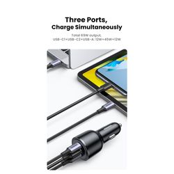 UGREEN CARGADOR AUTOMOVIL 2USB-C + 1USB-A CARGA RAPIDA 69W MAX NEGRO  CD239