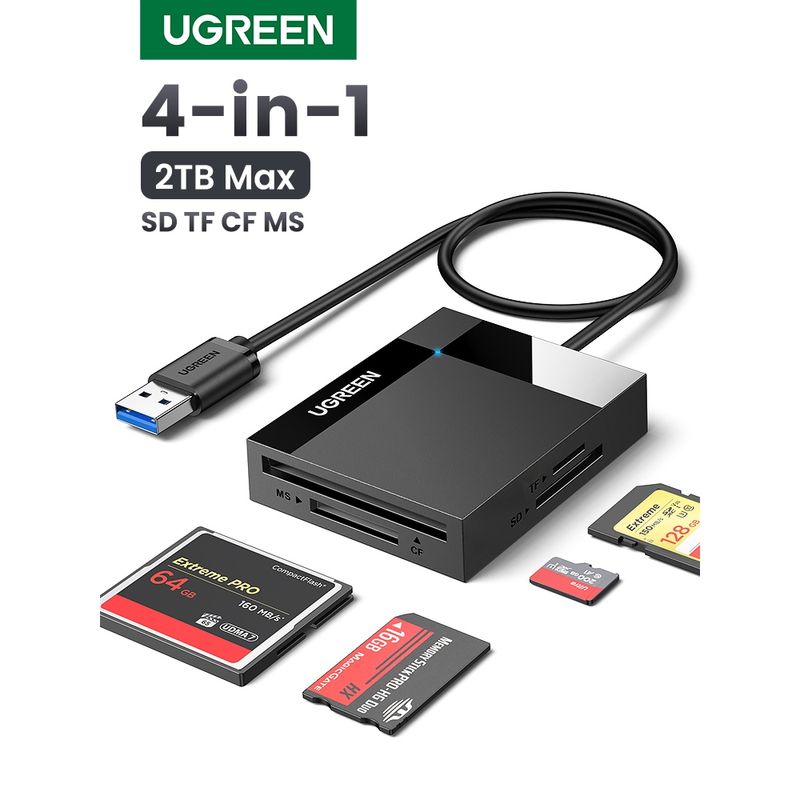 Lector 4En1 Multi-Tarjeta De Memoria Usb-A 3.0 (Sd/Microsd/Cf/Ms) 50Cm Negro Ugreen Cr125 Adaptadores y Cables