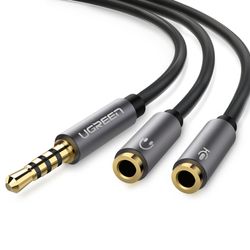 UGREEN CABLE DE AUDIO SPLITTER M/2H ESTEREO JACK 4 POLOS 3.5MM/2JACK 3.5MM (SOPORTA MICROFONO) 20CM NEGRO