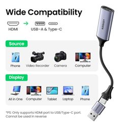 UGREEN CAPTURADORA DE VIDEO HDMI 4K/60HZ / USB-C + ADAPTADOR USB-A 1080P/30HZ  CM489
