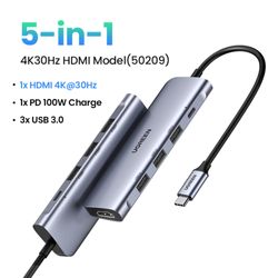 UGREEN MULTIPUERTO USB-C / (1HDMI 4K/30HZ) + (3USB 3.0) + (1IN USB-C PD) ALUMINIO  CM136