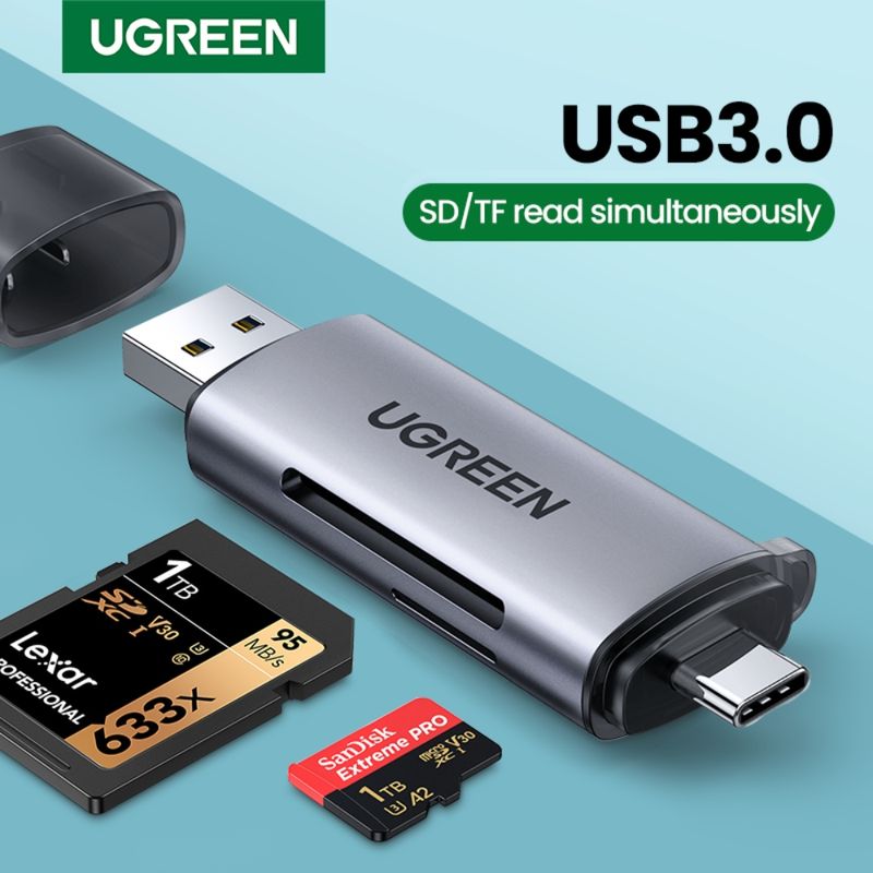 Lector-2En1-Multi-Tarjeta-De-Memoria-Usb-C-3.1--Sd-Microsd--Aluminio-Silver-Ugreen-Cm184-Cables-y-Adaptadores