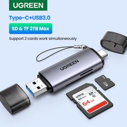 UGREEN LECTOR 2EN1 MULTI-TARJETA MEMORIA DUAL USB-A 3.0/USB-C 3.1 (SD/MICROSD) ALUMINIO SILVER  CM185