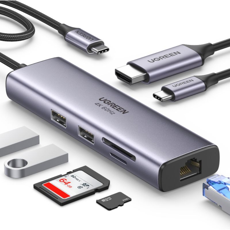 Multipuerto Usb-C / (1Hdmi 4K/60Hz)+(2Usb 3.0)+(Sd/Microsd)+(Rj45 Gigabit)+(Inusb-C Pd) Ugreen Cm512 Cables Adaptadores y Hub