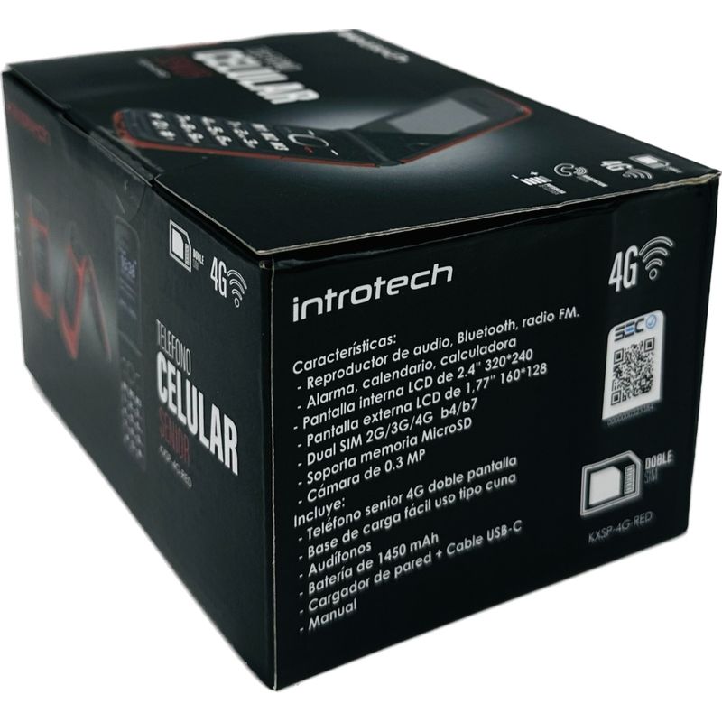 Seniorphone 4G Clamshell Batt 1450Mah Rojo Introtech Adulto Mayor