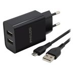 PHILCO-CARGADOR-DE-PARED-2.1-A-DOBLE-USB-C-CABLE-MICRO-R2107-NEGRO