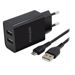 PHILCO CARGADOR DE PARED 2.1 A DOBLE USB C/CABLE MICRO R2107 NEGRO