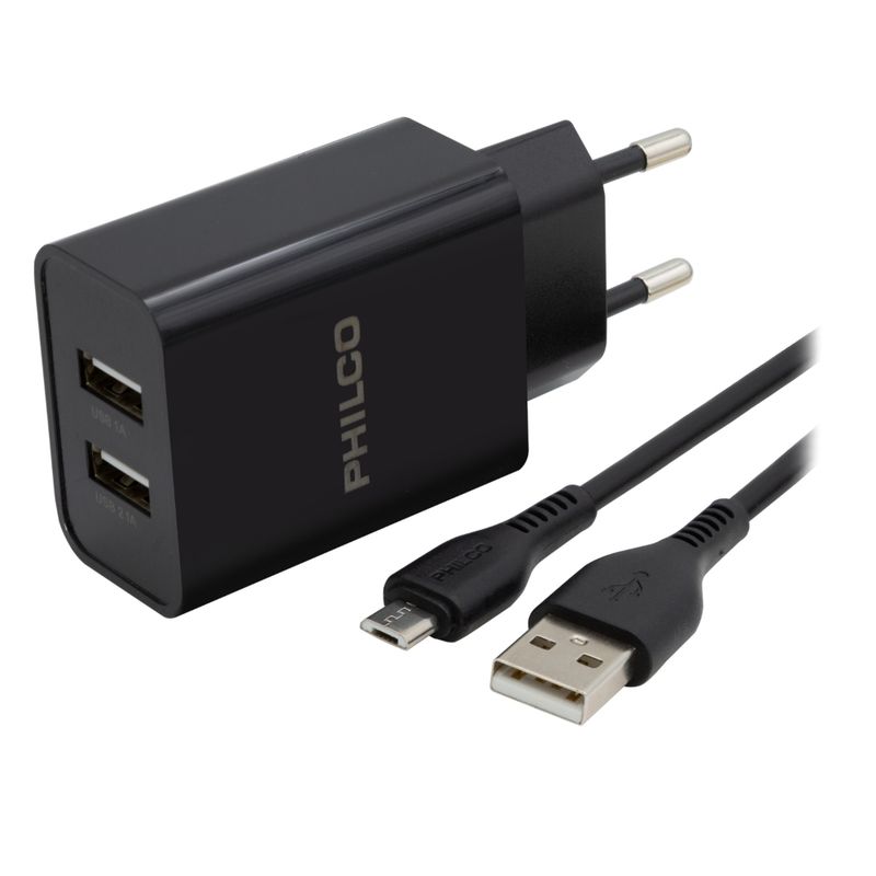 PHILCO-CARGADOR-DE-PARED-2.1-A-DOBLE-USB-C-CABLE-MICRO-R2107-NEGRO
