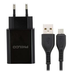 PHILCO CARGADOR DE PARED 2.1 A DOBLE USB C/CABLE MICRO R2107 NEGRO