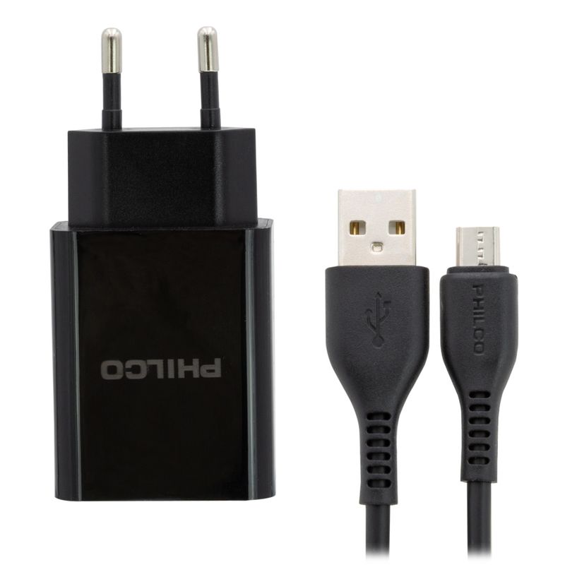 PHILCO-CARGADOR-DE-PARED-2.1-A-DOBLE-USB-C-CABLE-MICRO-R2107-NEGRO