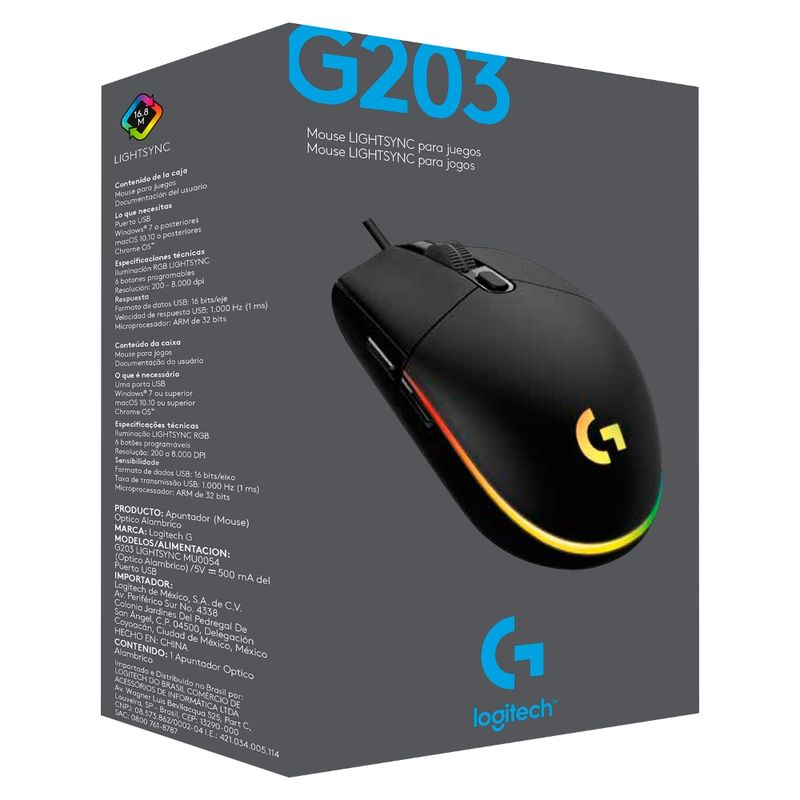 LOGITECH-MOUSE-GAMER-ALAMBRICO-USB-LIGHTSYNC-G203-NEGRO