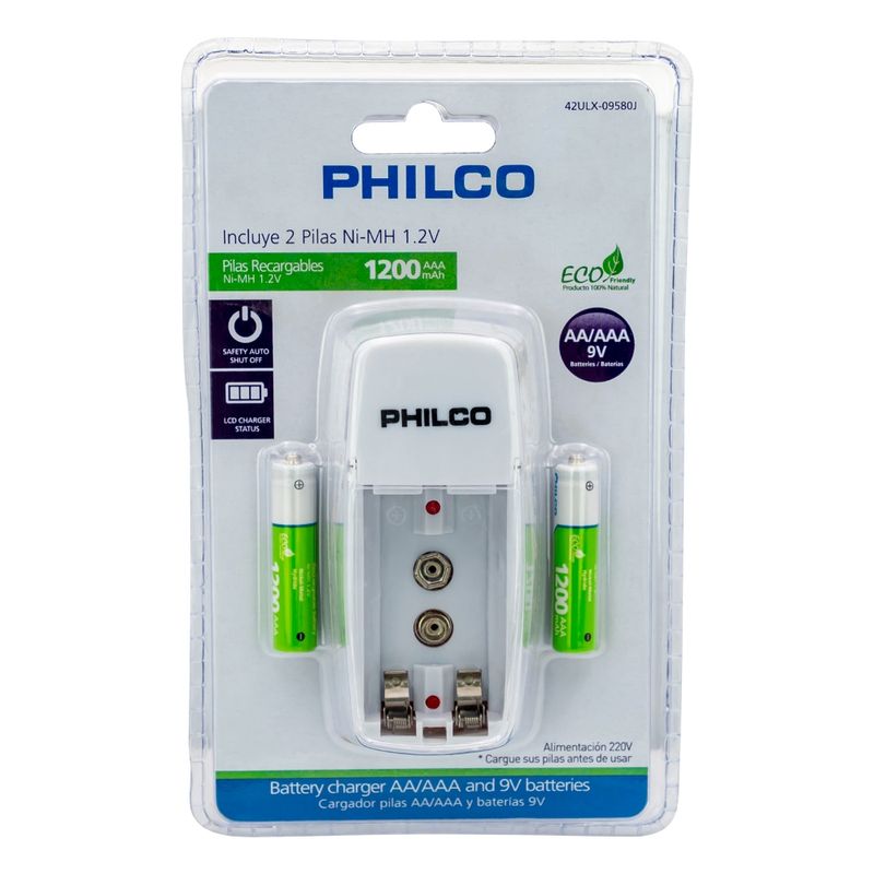 PHILCO KIT CARGADOR DE PILAS Y BATERÍA BATERÍA RECARGABLE DE 9V 300Mah