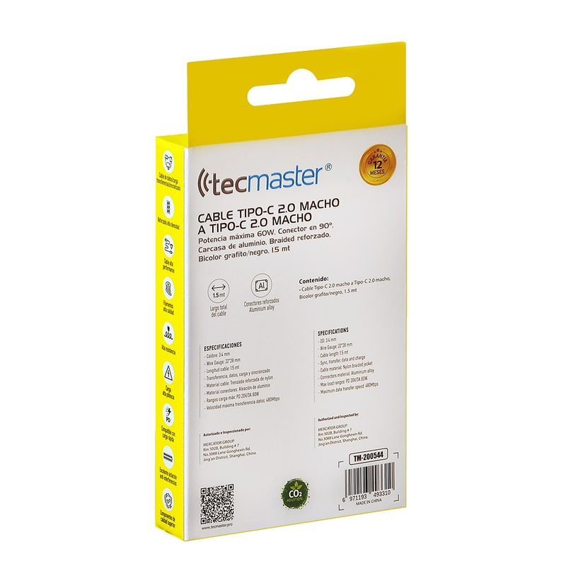 TECMASTER CABLE USB-C A USB-C / 1.5 MTS / 60W / REFORZADO