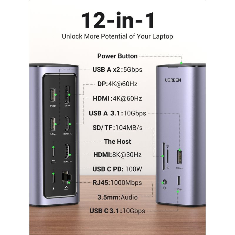 UGREEN MULTIPUERTO USB-C 12 EN 1 DOCKING STATION CM555