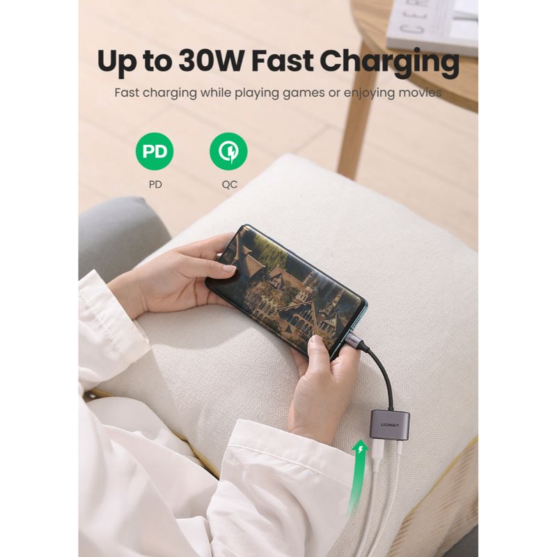 UGREEN-SPLITTER-USB-C---1-USB-C---1-JACK-3.5MM--AUDIO-CARGA-3A-MAX-10CM-GRIS