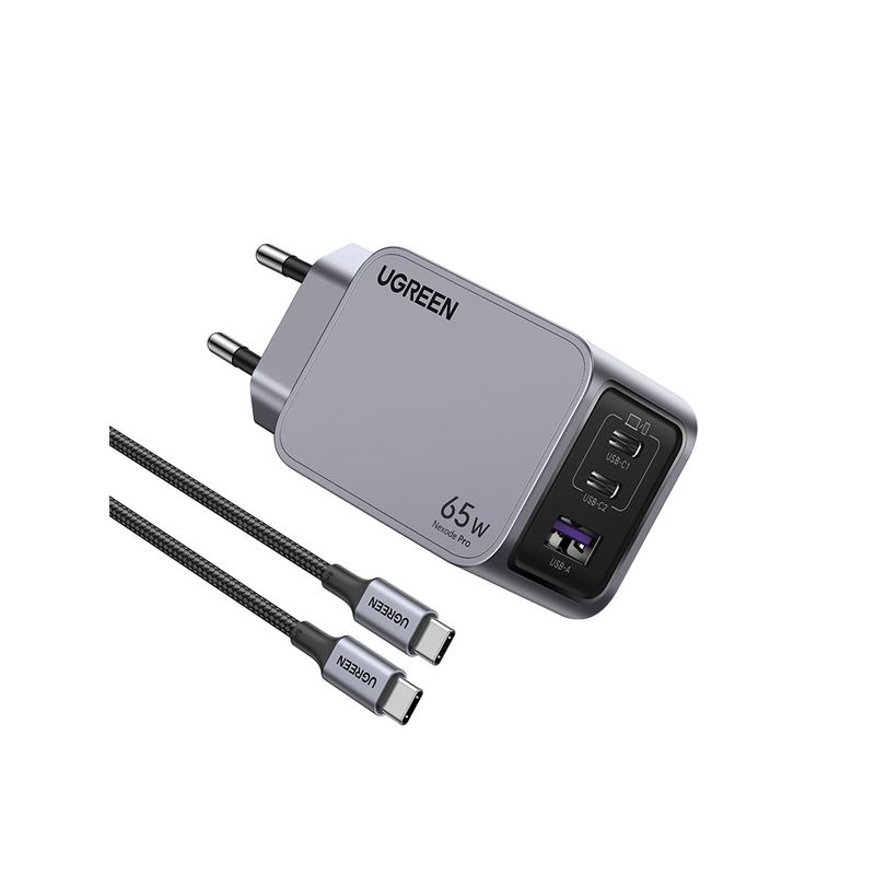 UGREEN CARGADOR GAN TECH FAST SLIM 65W 2 USB-C / USB-A  + CABLE USB-C/USB-C  1.5M 100W MAX  X755
