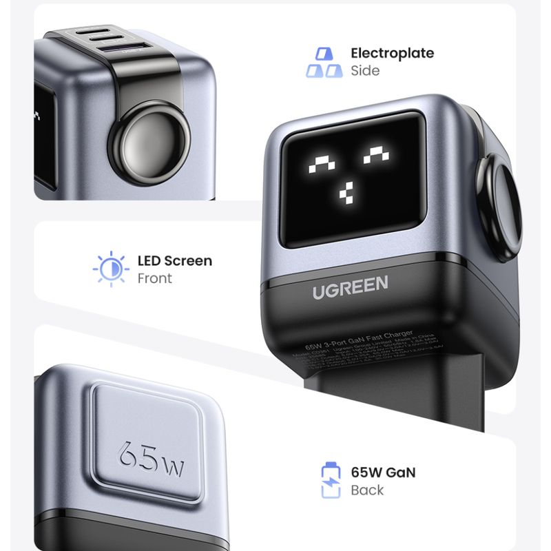 UGREEN ROBOT GAN TECH CARGADOR 65W 1 USB-A + 2 USB-C GRIS CD361