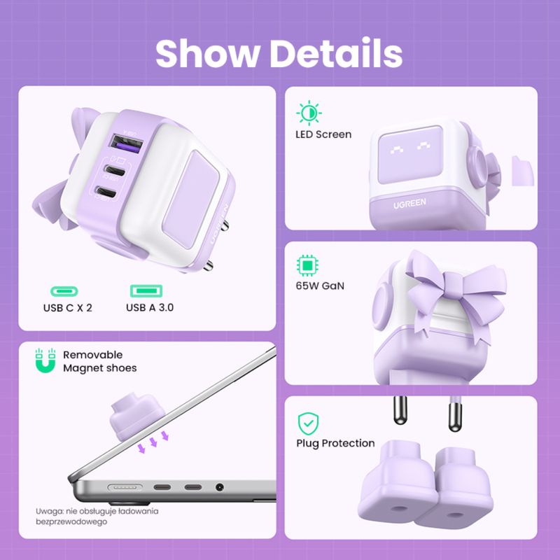 UGREEN ROBOT GAN TECH CARGADOR 65W 1 USB-A + 2 USB-C PURPURA CD361