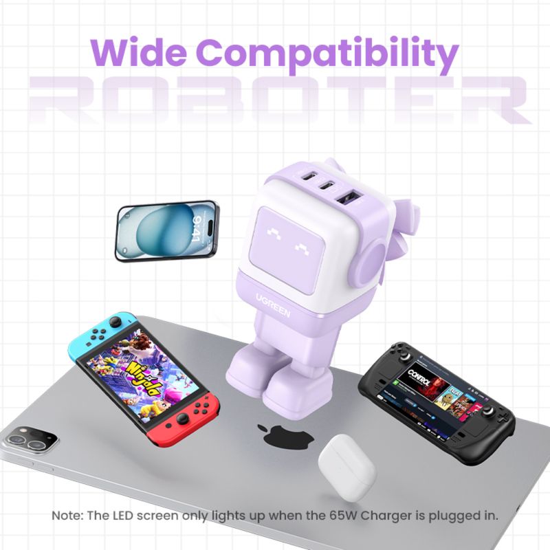 UGREEN ROBOT GAN TECH CARGADOR 65W 1 USB-A + 2 USB-C PURPURA CD361
