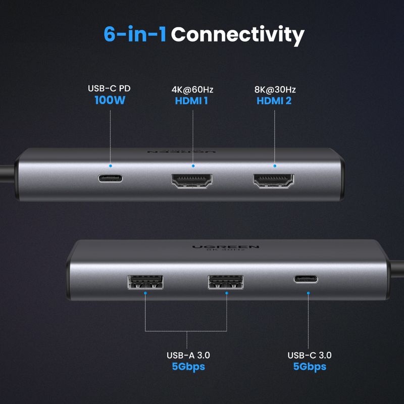 UGREEN MULTIPUERTO USB-C / (2)HDMI 8K30HZ + 3USB 3.0 + INUSB-C PD CM498