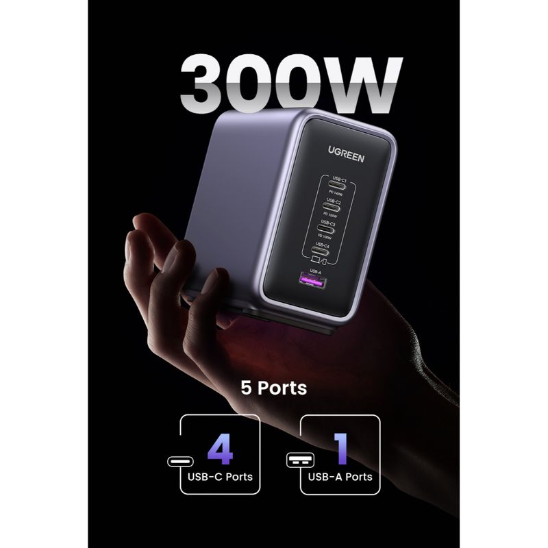 UGREEN SUPER CARGADOR PARA ESCRITORIO 300W 1 USB-A + 4 USB-C CD333