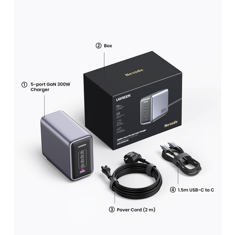 UGREEN SUPER CARGADOR PARA ESCRITORIO 300W 1 USB-A + 4 USB-C CD333