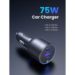 UGREEN CARGADOR AUTOMOVIL 2USB-C + 1USB-A CARGA RAPIDA 75W MAX BLACK  EC703