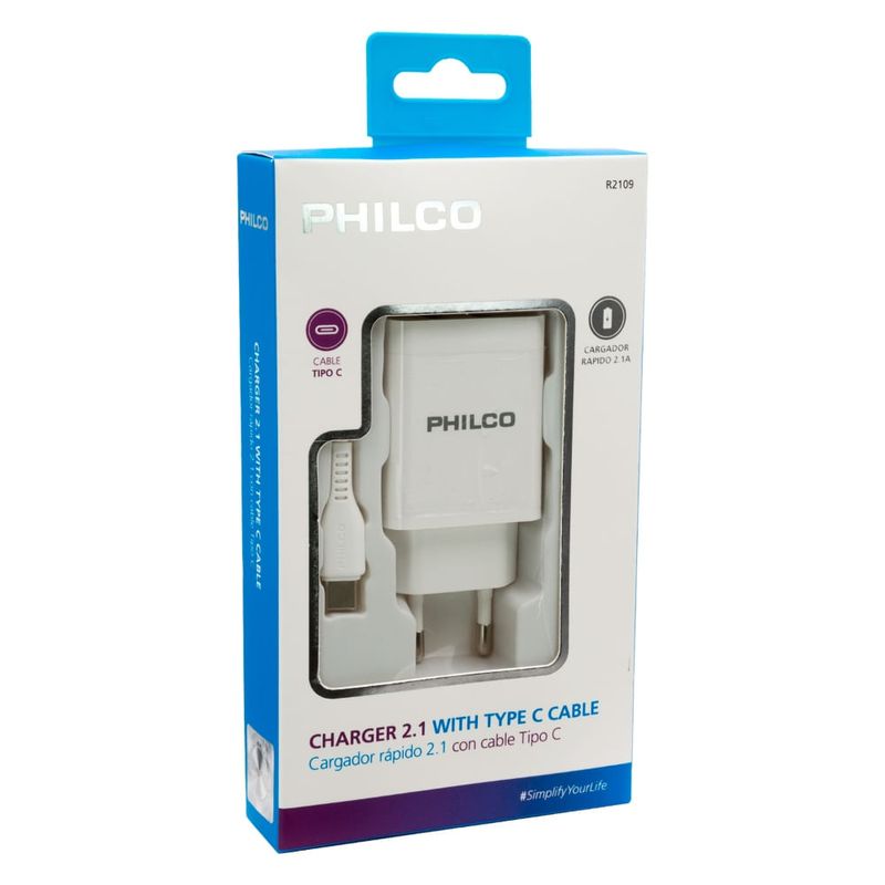 CARGADOR-DE-PARED-BLANCO-2.1A-DOBLE-USB-A---CABLE-USB-A-USB-C-PHILCO-79220R2109