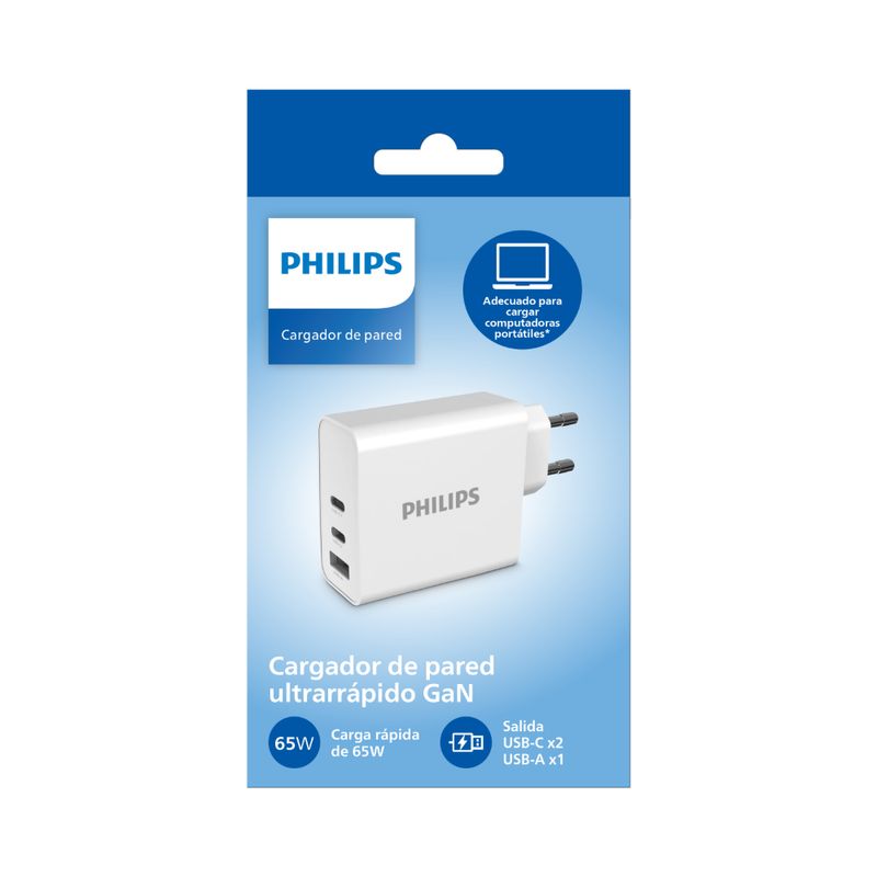 PHILIPS CARGADOR DE PARED CON 2 PUERTOS USB-C Y USB-A