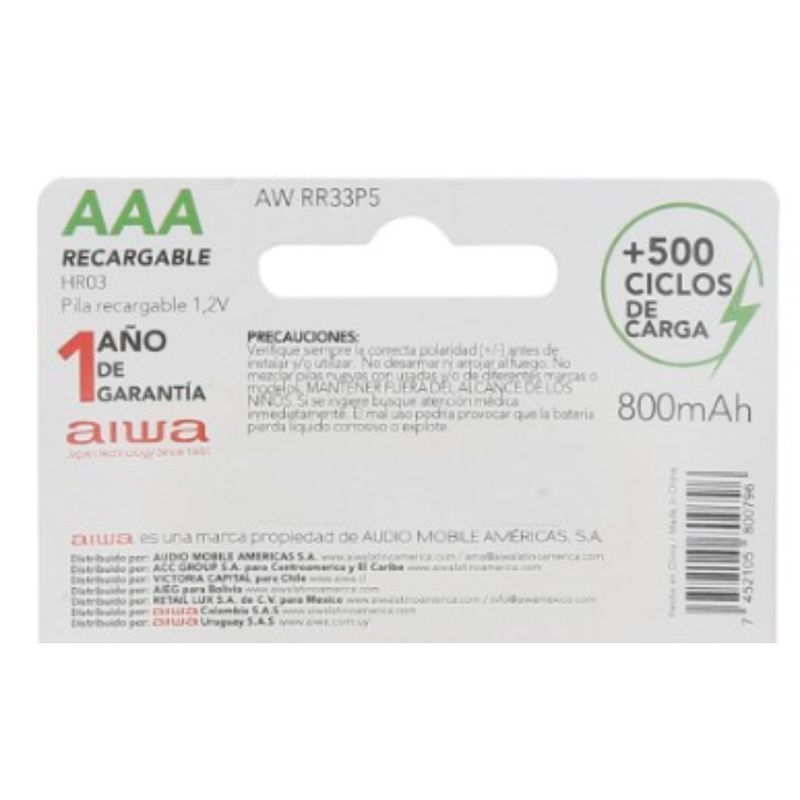 AIWA BLISTER PILAS X 1  RECARGABLE AAA 15V  800 MHA  RR33PS