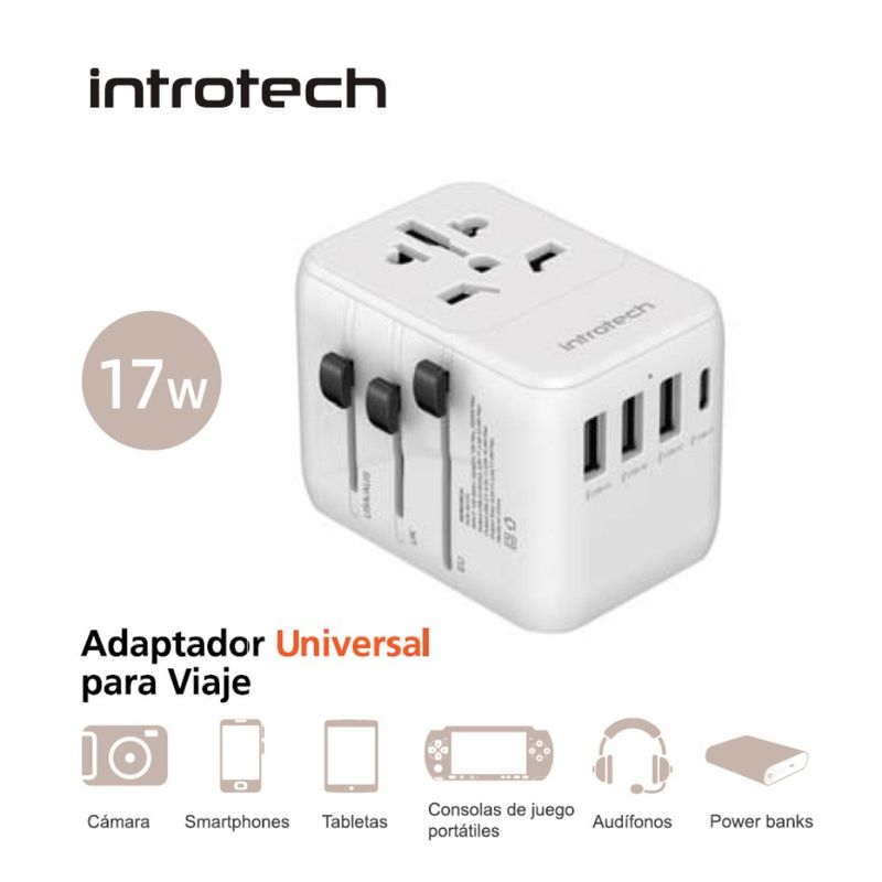 INTROTECH ADAPTADOR UNIVERSAL P/VIAJE C/ 3 USB + 1 USB-C  651FC BLANCO