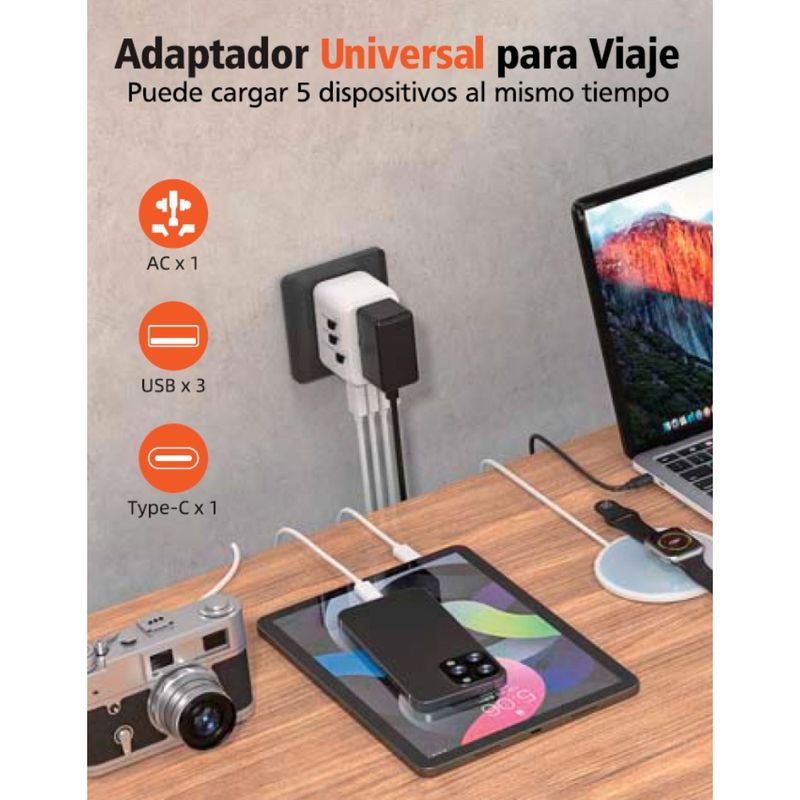 INTROTECH ADAPTADOR UNIVERSAL P/VIAJE C/ 3 USB + 1 USB-C 651FC BLACK