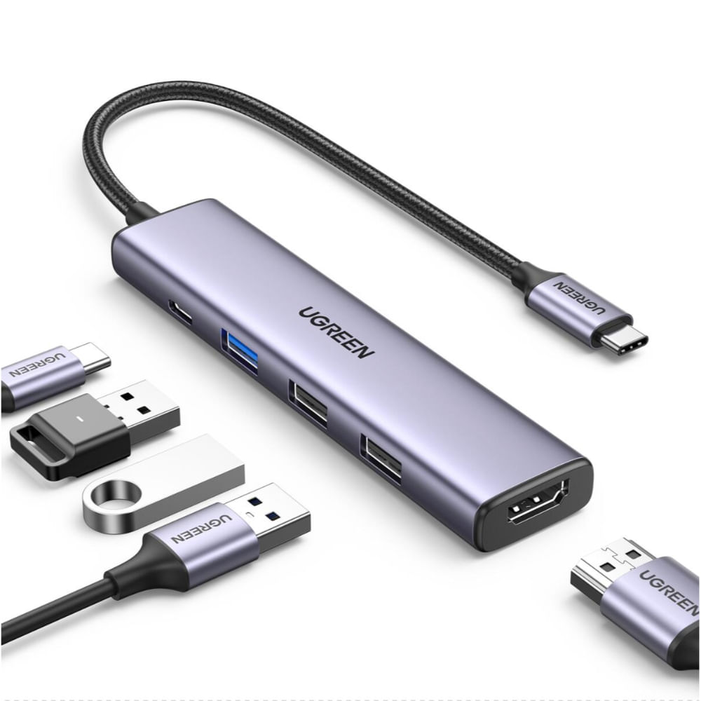 UGREEN HUB MULTIPUERTO USB-C 5 EN 1 CON HDMI 4K30HZ, USB 3.0, 2×USB 2.0 Y CARGA PD 100W CM478
